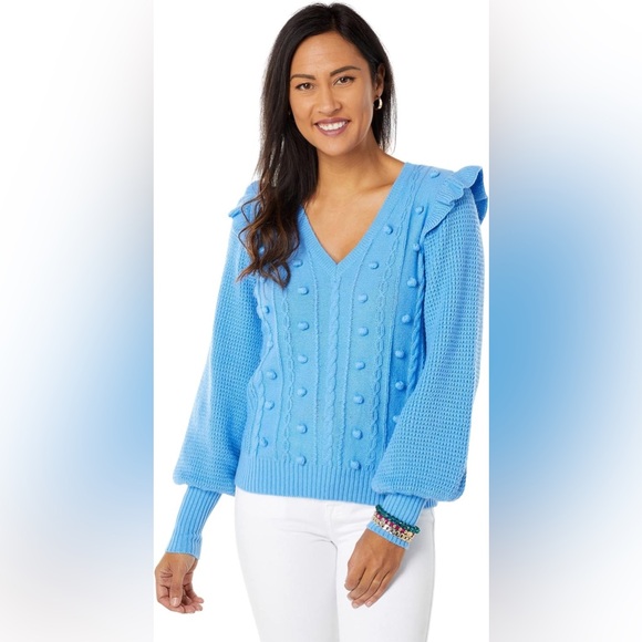 Lilly Pulitzer Sweaters - LILLY PULITZER GRETA POM POM BLUE PULL OVER SWEATER WOMENS SIZE EXTRA LARGE KNIT